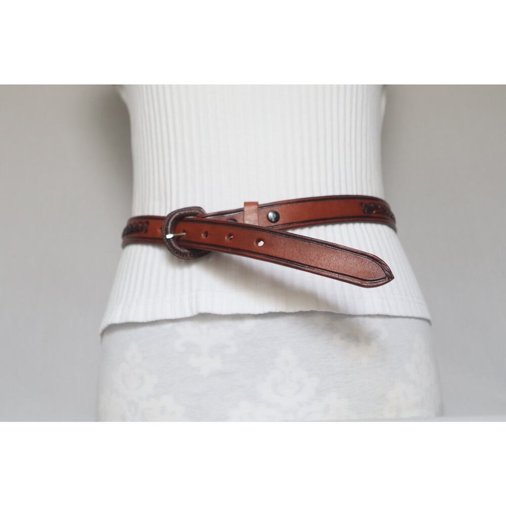 💎Thick Leather Belt Womens 32 Waist Braided Overlay Cinnamon Brown